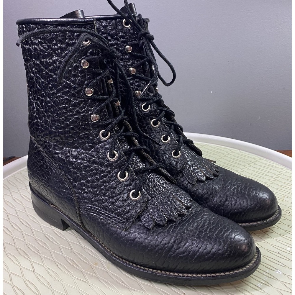 VTG Justin Womens Bullhide Leather Western Roper Boots Black Kiltie Fringe 6.5B